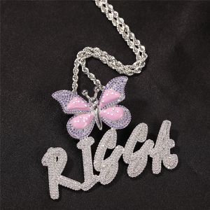 Colar de pingente de nome de letra personalizada com gancho de borboleta gelado fora zircon homens bling jóias presente