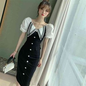 summer women's fashion two wear black and white doll collar slim package hip dress Office Lady Knee-Length 210416