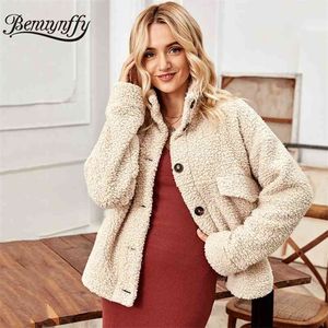 Stand Collar Autumn winter Teddy Coat Women Korean Loose Faux Shearling Single Breasted Warm Jacket Female Outwear 210510