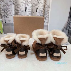 Designer- Women's And Children's Winter Snow Boots Cow Split Leather Women Boys Girls Children Baby Warm Bow Shoes