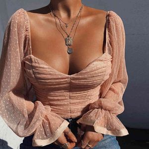 Polka Dot Blouse Women Summer Mesh Shirts Woman Blouse Tops Sweetheart Neckline Lantern Sleeve Ruched Blouse Vintage Shirt 210419