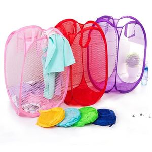 Laundry Products Mesh Fabric Foldable Pop Up Dirty Clothes Washing Laundry Basket Hamper Bag Bin Hamper-Storage bags RRF13606