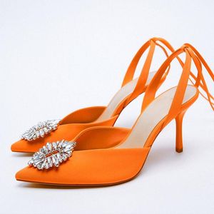Сандалии 2022 Оранжевые весенние ремешки на щиколотке Женская мода Bling Crystal Туфли-гладиаторы на высоком каблуке Обувь без шлепанцев с острым носком