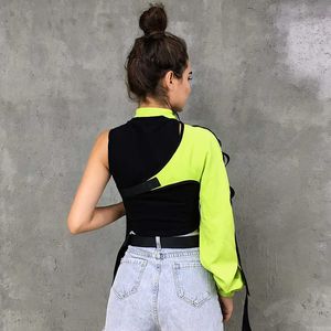 HEYounGIRL Neon Green One Shoulder Off Halter Top Harajuku Nero Riflettente Tshirt Donna Hip Hop Street Wear Tee Shirt Femme X0628