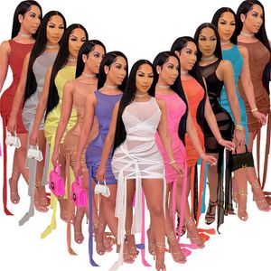 Kobiety Night Club Nosić Sexy Sheer Dress Plus Size Mesh Minispirt Bez Rękawów Skinny Bandaż One-Piece Dress Fashion Package Hip Spódnica 2022