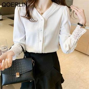 Workwear White Chiffon Tops Shirts Women Spring Temperament V-neck Single-Breasted Lace Hollow Cuff Blouse Female Plus Size 210601
