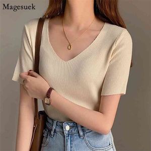 Short Sleeve Silm Summer T-shirt For Women V-Neck Plus Size White Tee Woman Tshirts Knitted Casual Tops T Shirt 13436 210512