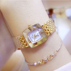 Gold Square Full Diamond Lady Luxury Dress Smycken Klocka Rhinestone Bling Crystal Bangle