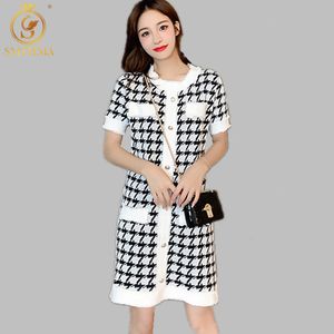 Verão Houndstooth Branco Preto Single-breasted Mulheres de malha vestido elegante manga curta alta cintura 210520