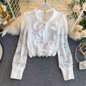 Women Sweet Butterfly Kno Short Cut-out Lace Shirt Tops Lady Long Sleeve White Black Elegant Blouse L153 210527