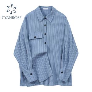 Listrado blusas e camisas enorme para senhoras Único breasted Lapel manga comprida BF Blusas Streetwear Ulzzang Leisure Tops 210417