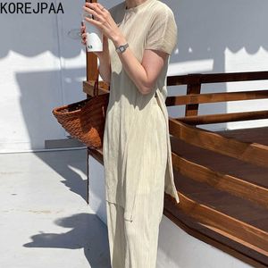 Korejpaa Women Sets Summer Korean Personalized Round Neck Pit Strip Gloss Side Slit Top High Waist Wide Leg Casual Trousers 210526