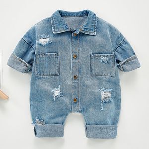 Spring Autumn born Boys Girls Cowboy Broken Hole Jumpsuits Clothes Baby Long Sleeve Rompers Children 210429
