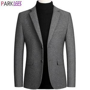 Grå Business Formal Woolen Blazer Jacka Man Singel Breasted Slim Fit Mens Cashmere Blazers Casual Warm Tweed Suit Jacket Coat 210522