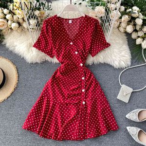 Dot Rüschen Sommerkleider Koreanische Chic Mode Hohe Taille Vestidos Elegante Süße Robe V-ausschnitt 16775 210415