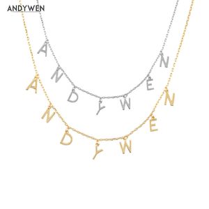 Düz Altın Kolye toptan satış-Andywen Ayar Gümüş Altın Düz Mektup İlk Alfabe Kişiselleştirin Adı Kolye Uzun Zincir Kolye Charm Düğün