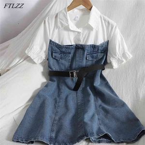 Sommer Frauen Vintage Umlegekragen Puffärmel Gefälschte Zwei Stücke Kleid Süße Schärpen Hohe Taille A-linie Denim 210430