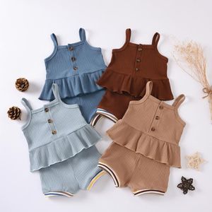 Vestiti della neonata Neonate Top con bretelle Pantaloncini 2 pezzi Set Ruffle Abiti per bambini Boutique Abbigliamento per bambini 4 colori DW5637