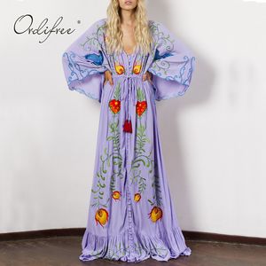 Lato Boho Kobiety Maxi Rękaw Kwiatowy Haft Luźny Vintage Długa Tunika Plażowa Dress 210415