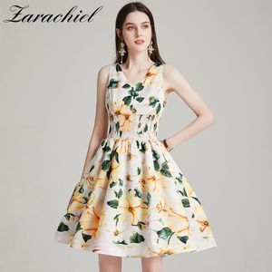 S-XXL Verão Amarelo Camélia Floral Tanque Mulheres Elegante V-Pescoço Impressão Elástica Cintura Feriado Beach Mini Vestido 210416