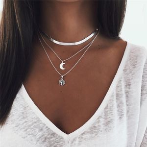 Minimalist Triple-Layered Choker with Moon & Tree Pendants, Silver Gold Tone Snake Chain Necklace for Women