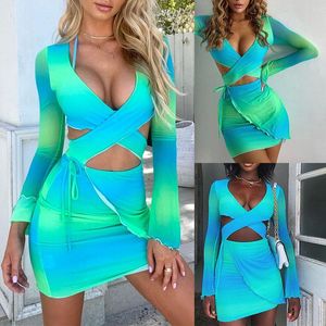 Wholesale short dresses long sleeves for sale - Group buy Casual Dresses Women Sexy Cross Short Dress Fashion Solid Color Irregular Long Sleeve Tie Dye Bodycon Slim Fit Summmer Club Party