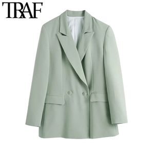 TRAF Women Fashion Double Breasted Fitted Blazers Coat Vintage Long Sleeve Pockets Female Outerwear Chic Veste Femme 210415