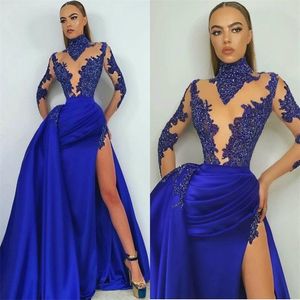 Royal Blue Evening Pageant Dresses High-neck Sexy Illusion Long Sleeve Lace Stain High-split Beaded Sequins Prom Party Gowns