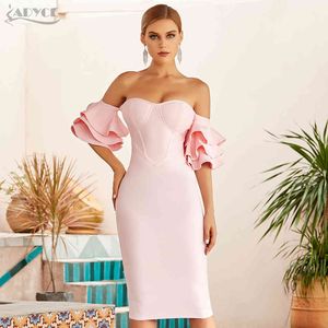 Summer Women Pink Off Shoulder Bodycon Bandage Dress Sexy Butterfly Short Sleeve Celebrity Runway Party Dresses 210423