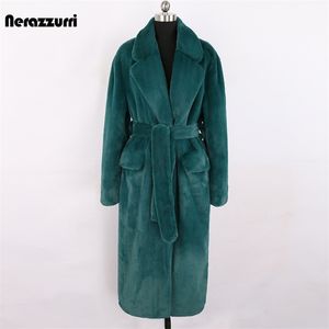 Nerazzurri Inverno Long Green Quente Soft Macio Fluxo Fute Fala Casaco Mulheres Cinto Lapela Elegante Designer Coreano Moda 211124