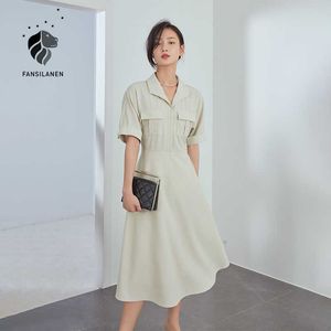 Fansilanenのオフィスの女性ベージュのドレスフランスのロングワークウェアスカート女性夏の高い腰の底服210607