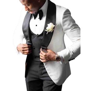 Classic Groom Suit Formell Bröllop Tuxedos Vitjacka och Svarta Sjalbyxor 3 stycken Slim Fit Mens Passar Prom Party Blazer Male Dinner Aftonklänningar