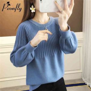 Peonfly Women's Sweater Höst vinter Strikkad Pullover Casual Lantern Sleeve Kvinnor Toppar Solid Jumper Blue Green 210914