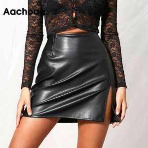 Aachaoe Mode Schwarz PU Kunstleder Mini Frauen Streetwear Sexy Split Rock Damen Hohe Wasit Röcke Jupe Femme 210413