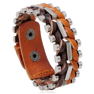 JessingsHow Vintage Brown Punk Men Kvinnor Alloy Wide Manschett Läderarmband Handgjorda Weave Fashion Bangles Armband Smycken Gifts Q0717