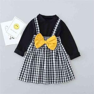 Gooporson Fall Kids Clothes Fashion Long Sleeve Shirt&bow Tie Plaid Strapless Skirt Cute Baby Girls Clothing Set Children Outfit 210715