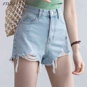 Summer Women Streetwear Hole White Denim Shorts Casual Female High Waist Solid Color Wide Leg Black Jeans 210430