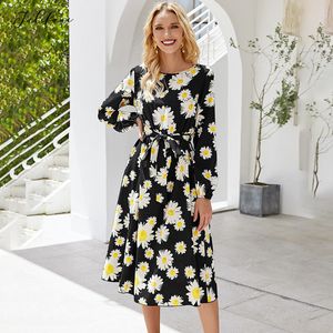 Longo Vestidos Mulheres Flor Cópia Floral Bow Belted Black Midi Vestido Casual Primavera Outono Moda Roupas Red 210415