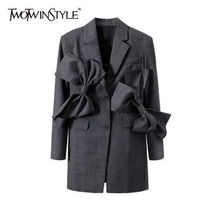TWOTWINSTYLE Patchwork Bowknot Blazer per donna con intaglio manica lunga Casual Solid Blazer Abbigliamento moda femminile 210517