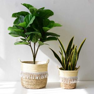 Storage Rattan Basket Hanging Flowerpot Clothes Laundry Seagrass Handmade Storage Bamboo Storage Basket Flower Pots Planter 210615