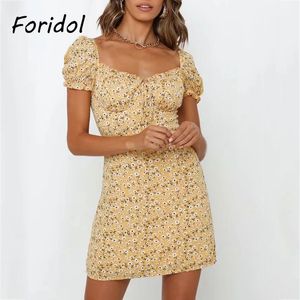 Floral Print Yellow Boho Dress Women Puff Sleeve Short Mini Summer Dress Beach Casual Lace Up Sundress Cotton Dress 210415