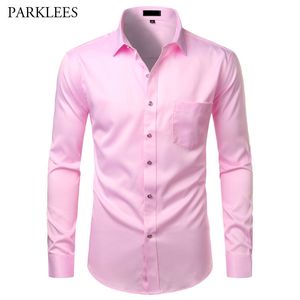 Camisas cor-de-rosa do negócio dos homens da fibra de bambu Confortável Slim Slim Fit Mens Dress Botão Acima Casual Homens Camisa de Manga Longa 210524