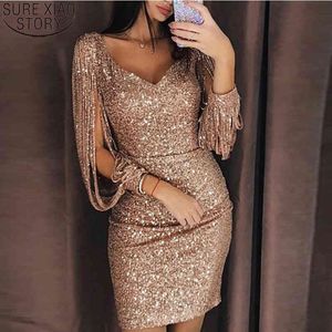 Women Three Quarter Sleeve Rose Gold Sexy Club Sequin Dress Ladies V-neck Evening Mini Party Dresses Vestidos 13526 210417