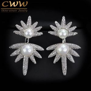 Trends Brand Cubic Zirconia Stone Paved Dangle Drop Double Pearl Earring for Women Unique Designer Jewelry CZ351 210714