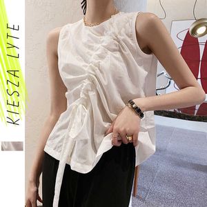 Women Summer Blouse Niche Design Fold Striped Drawstring Vest Sleeveless Blouses Tank Tops Office Lady Outfit 210608