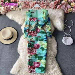 Ldyrwqy Yaz Kore Edition Moda Mizaç Seksi Kare Yaka Baskı Ince Elbise Wrap Hips Ofis Lady 210416