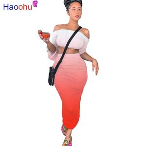 Vrouwen Sexy Gradiënt Print Twee Stuk Set Shoulder Crop Top Stacked Midi Maxi Rok Pak Beach Tracksuit Outfit Jurk