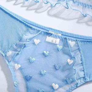 Nxy sexy set aduloty transparente perspectiva de novo moda azul e branco amor amor bordado padrão erótico lingerie sutiã mulheres underwear terno 1128