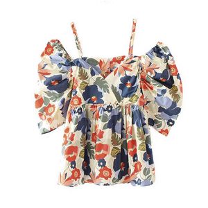 Women Off Shoulder Puff Sleeve V Neck Blouse Shirt Sweet Beach Strap Short Floral Print B0568 210514