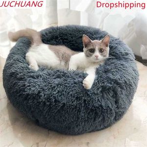 Juchuangラウンド猫のベッドハウス柔らかい長いぬいぐるみペット犬のための犬のバスケット製品クッションマット眠っているソファー211006